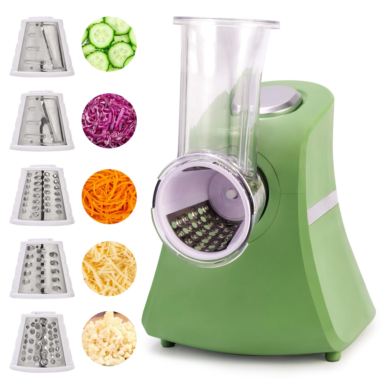 SUSTEAS Electric Cheese Grater Vegetable Slicer Chopper Fruit Chopper with 5 Attachments, Stainless Steel Vegetable Food Cutter and Cheese Kitchen Utensil