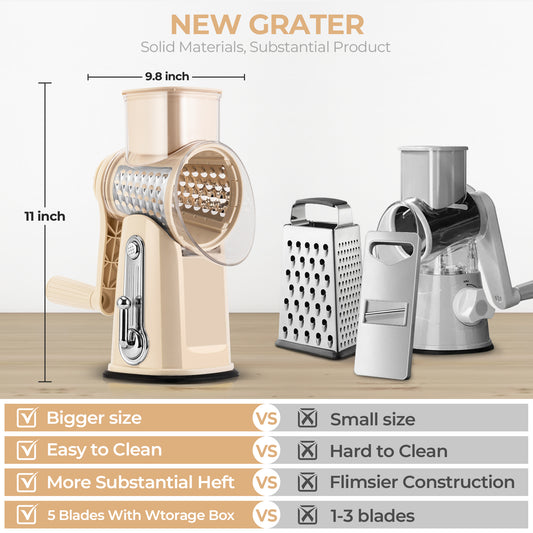 SUSTEAS Rotary Food Cheese Grater with Handle, 5 Blades and Strong Suction Cup Base, Comes with 1 Blade Storage Box Kitchen Utensils, Beige