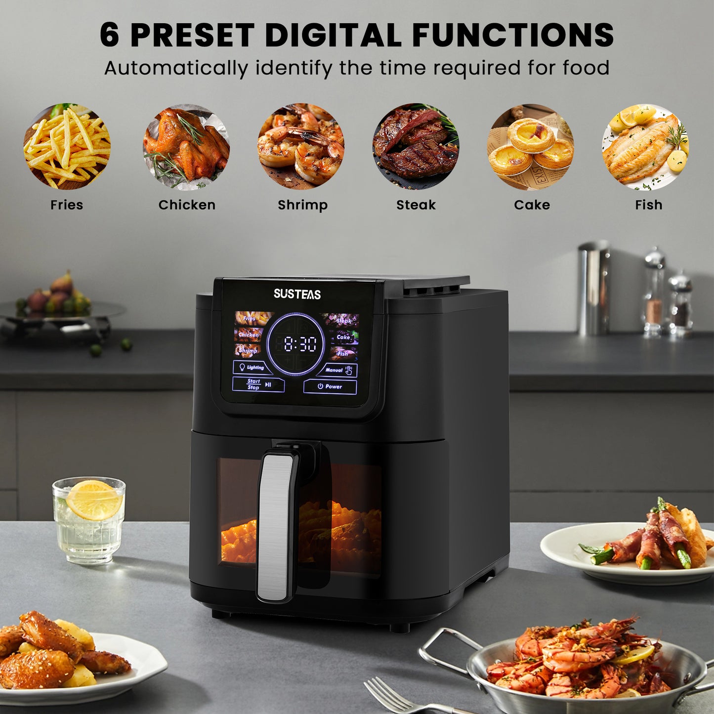 SUSTEAS Air Fryer 5L with Viewing Window, One-Touch Digital Control, 6 Persistent Modes, 1500W High Heat, Nonstick, Broil, Roast, Dehydrate, Bake, Auto-Shutoff