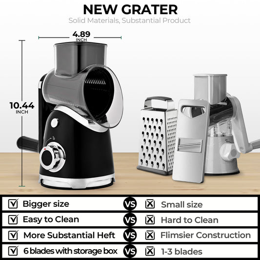 SUSTEAS Rotary Cheese Grater with 6 Replaceable Blades, 18/10 Stainless Steel, BPA Free, Dishwasher Safe, Easy to Clean & Disassemble, Black