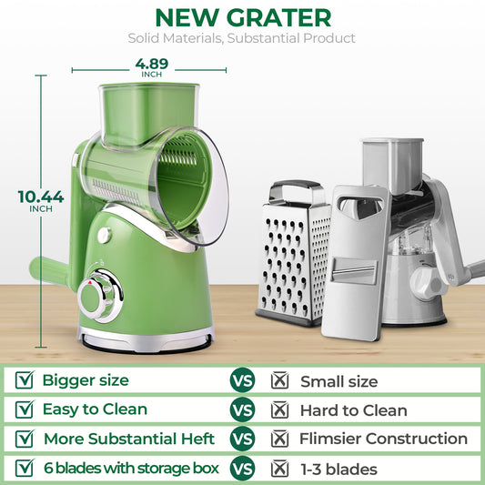 SUSTEAS Rotary Cheese Grater with 6 Replaceable Blades, 18/10 Stainless Steel, BPA Free, Dishwasher Safe, Easy to Clean & Disassemble, Green