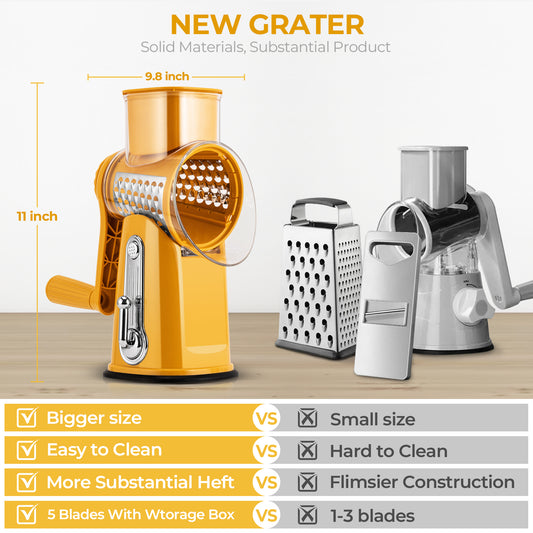 SUSTEAS Rotary Food Cheese Grater with Handle, 5 Blades and Strong Suction Cup Base, Comes with 1 Blade Storage Box Kitchen Utensils, Yellow