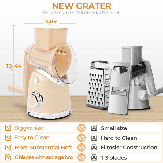 SUSTEAS Rotary Cheese Grater with 6 Replaceable Blades, 18/10 Stainless Steel, BPA Free, Dishwasher Safe, Easy to Clean & Disassemble, Beige