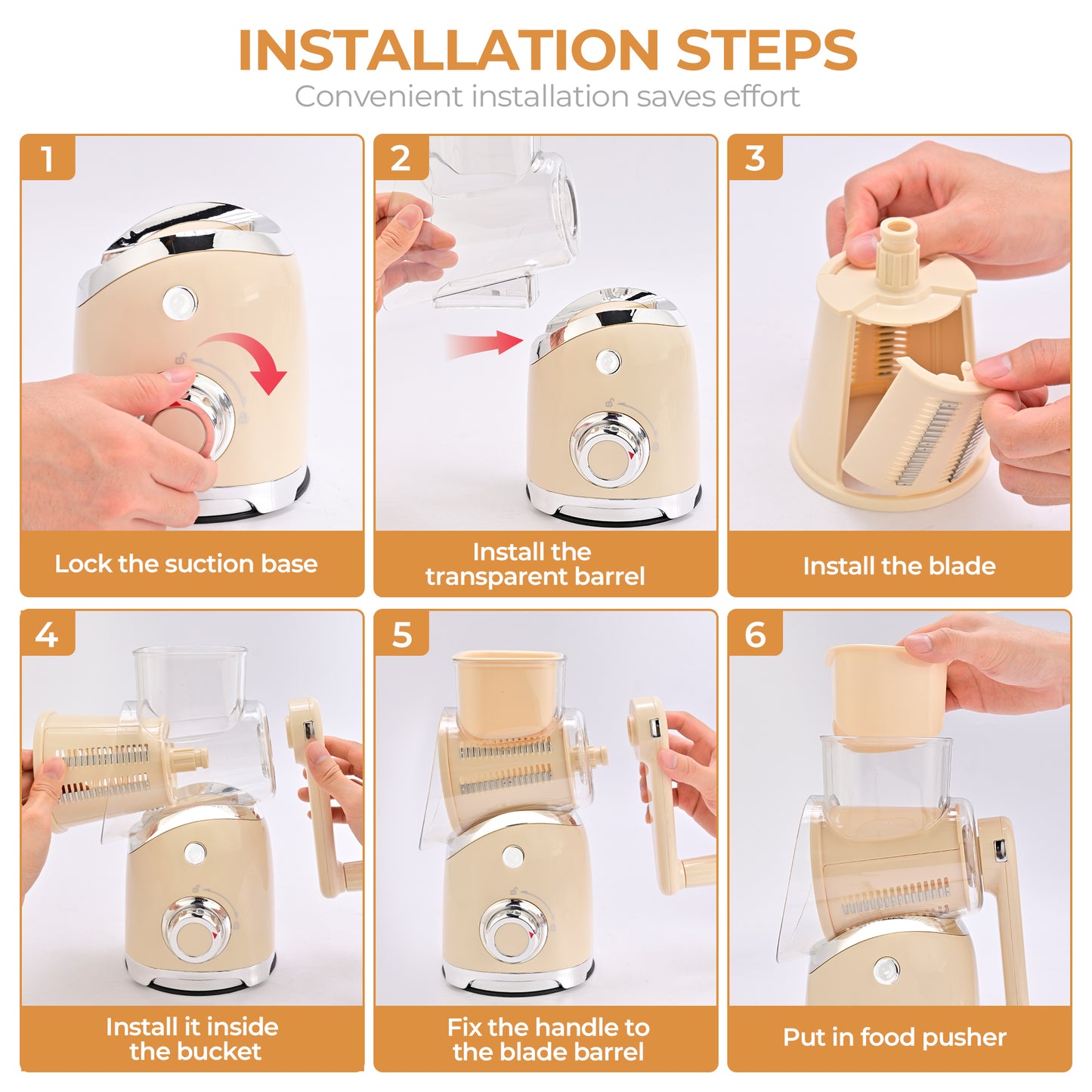 SUSTEAS Rotary Cheese Grater with 6 Replaceable Blades, 18/10 Stainless Steel, BPA Free, Dishwasher Safe, Easy to Clean & Disassemble, Beige