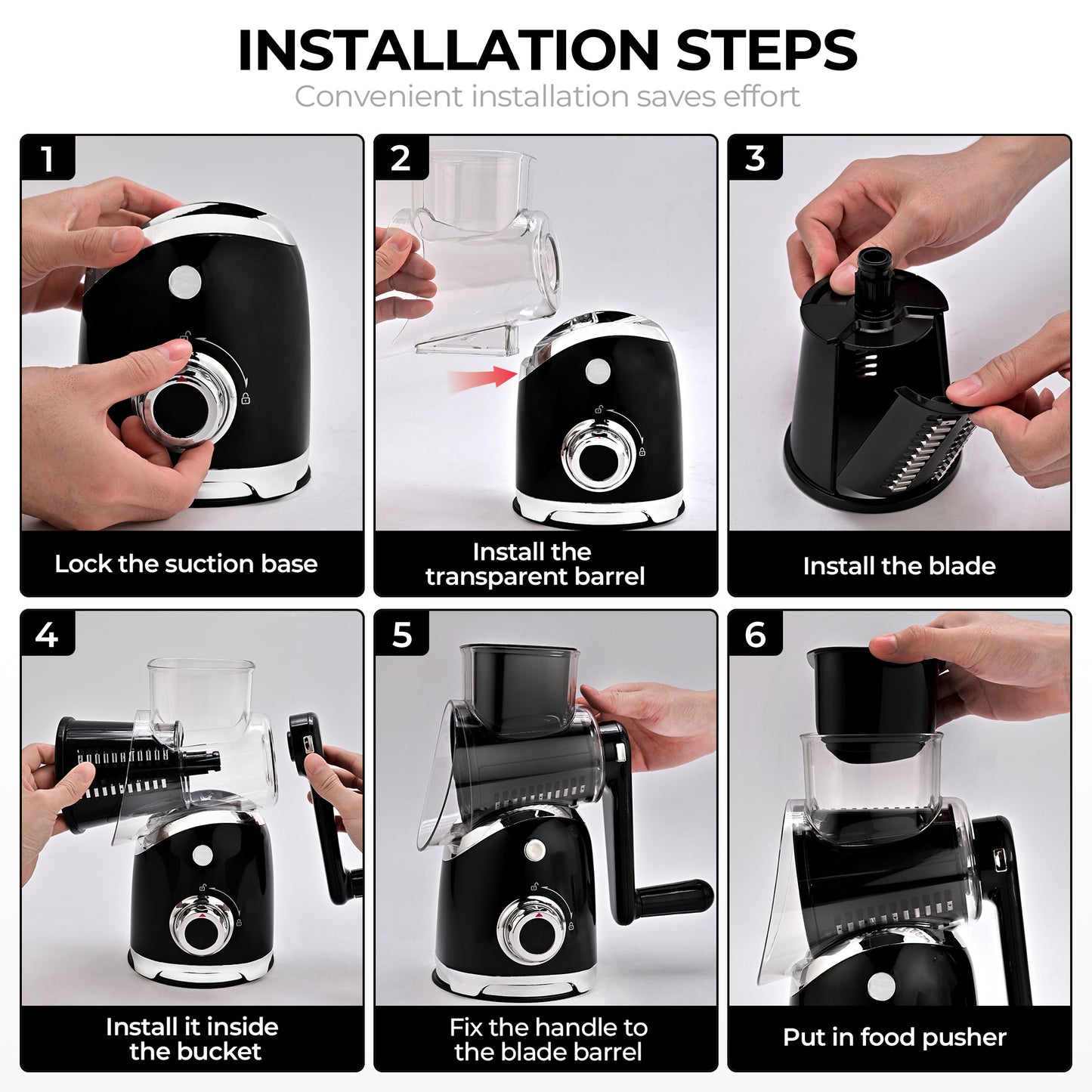 SUSTEAS Rotary Cheese Grater with 6 Replaceable Blades, 18/10 Stainless Steel, BPA Free, Dishwasher Safe, Easy to Clean & Disassemble, Black