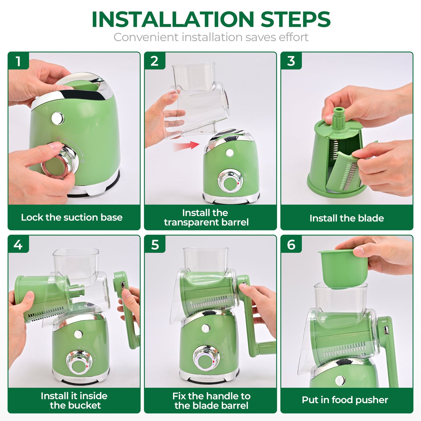 SUSTEAS Rotary Cheese Grater with 6 Replaceable Blades, 18/10 Stainless Steel, BPA Free, Dishwasher Safe, Easy to Clean & Disassemble, Green