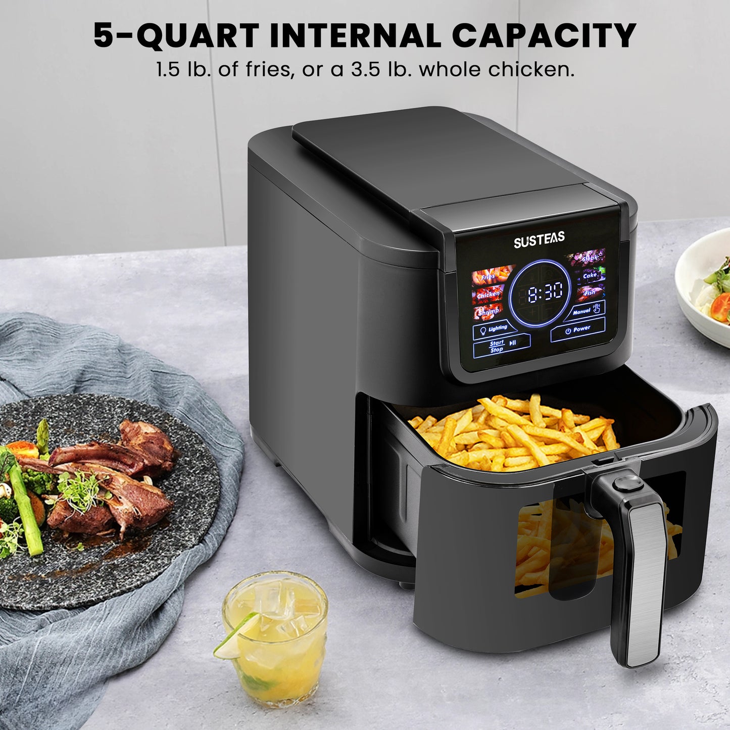 SUSTEAS Air Fryer 5L with Viewing Window, One-Touch Digital Control, 6 Persistent Modes, 1500W High Heat, Nonstick, Broil, Roast, Dehydrate, Bake, Auto-Shutoff