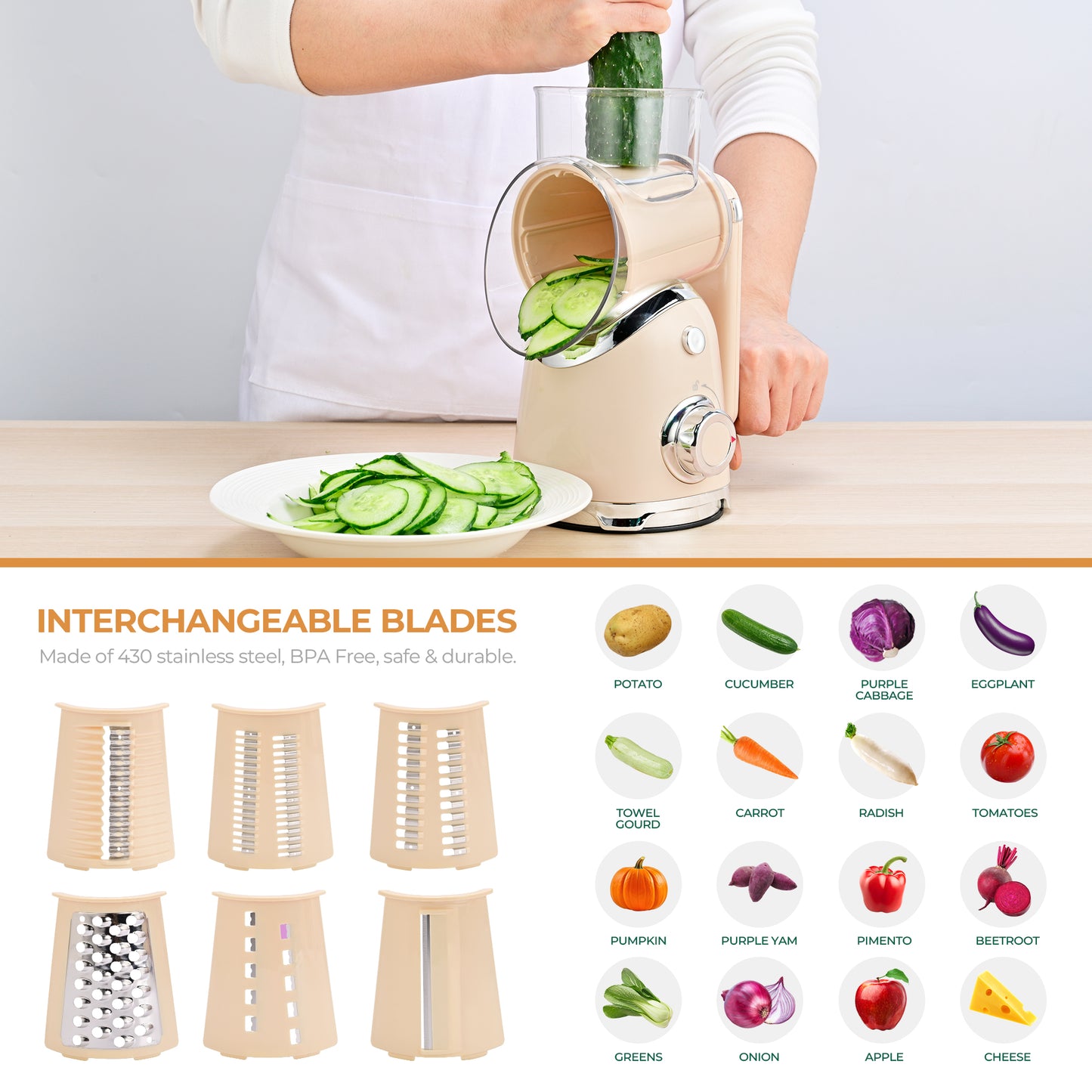 SUSTEAS Rotary Cheese Grater with 6 Replaceable Blades, 18/10 Stainless Steel, BPA Free, Dishwasher Safe, Easy to Clean & Disassemble, Beige