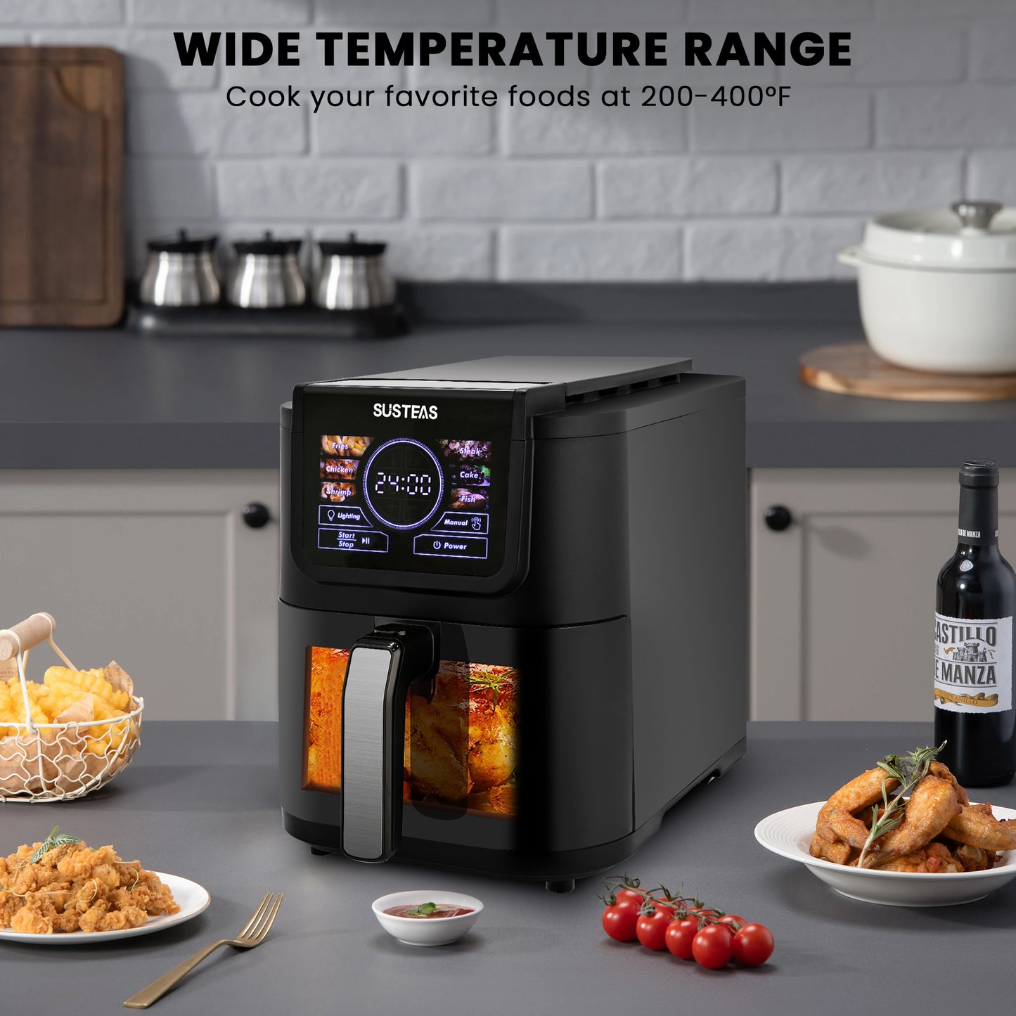SUSTEAS Air Fryer 5L with Viewing Window, One-Touch Digital Control, 6 Persistent Modes, 1500W High Heat, Nonstick, Broil, Roast, Dehydrate, Bake, Auto-Shutoff