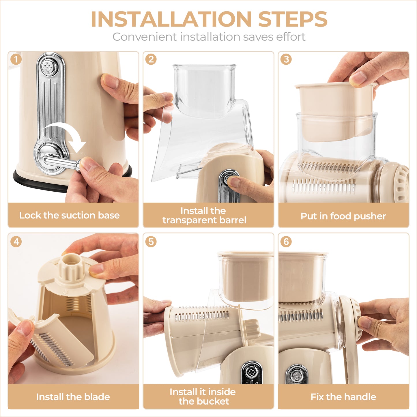 SUSTEAS Rotary Food Cheese Grater with Handle, 5 Blades and Strong Suction Cup Base, Comes with 1 Blade Storage Box Kitchen Utensils, Beige
