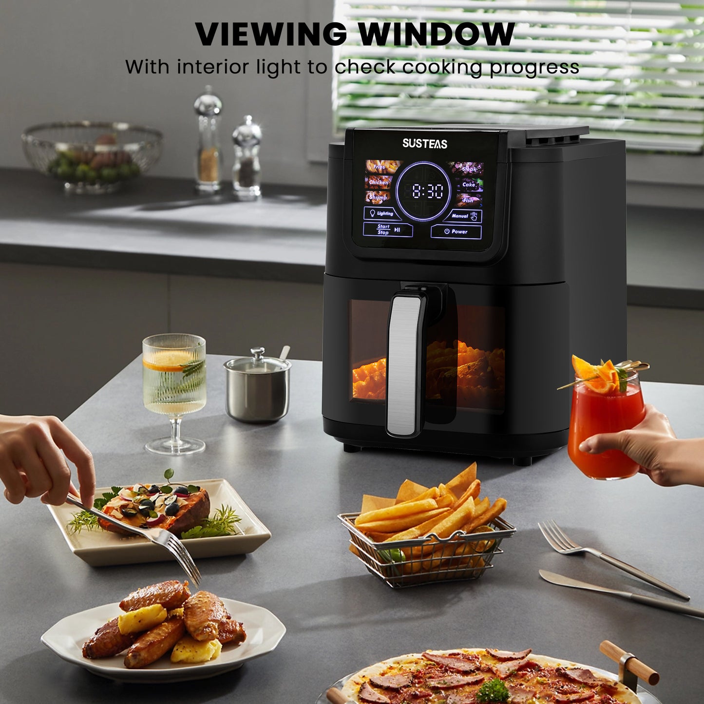 SUSTEAS Air Fryer 5L with Viewing Window, One-Touch Digital Control, 6 Persistent Modes, 1500W High Heat, Nonstick, Broil, Roast, Dehydrate, Bake, Auto-Shutoff