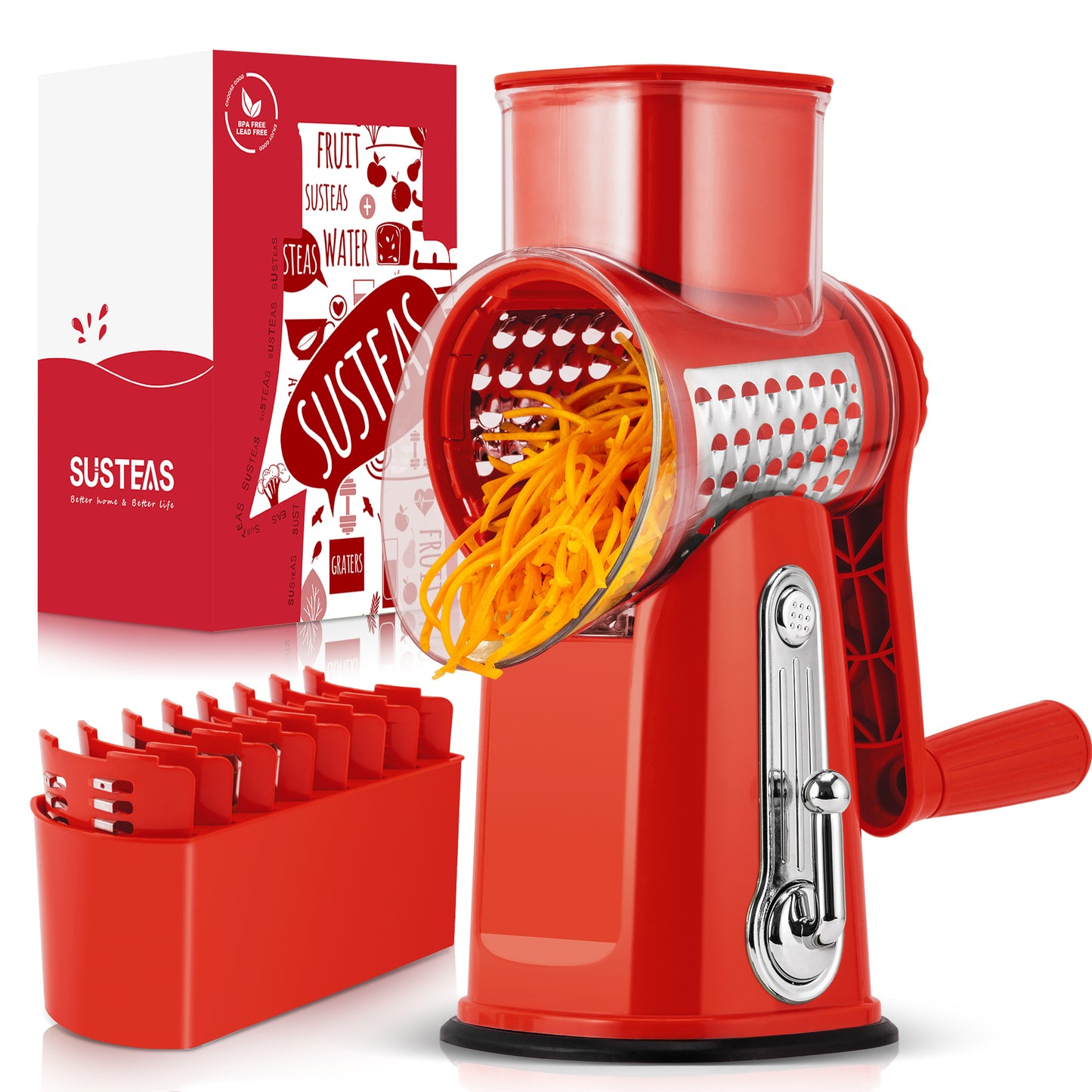 SUSTEAS Rotary Food Cheese Grater with Handle, 5 Blades and Strong Suction Cup Base, Comes with 1 Blade Storage Box Kitchen Utensils, Red