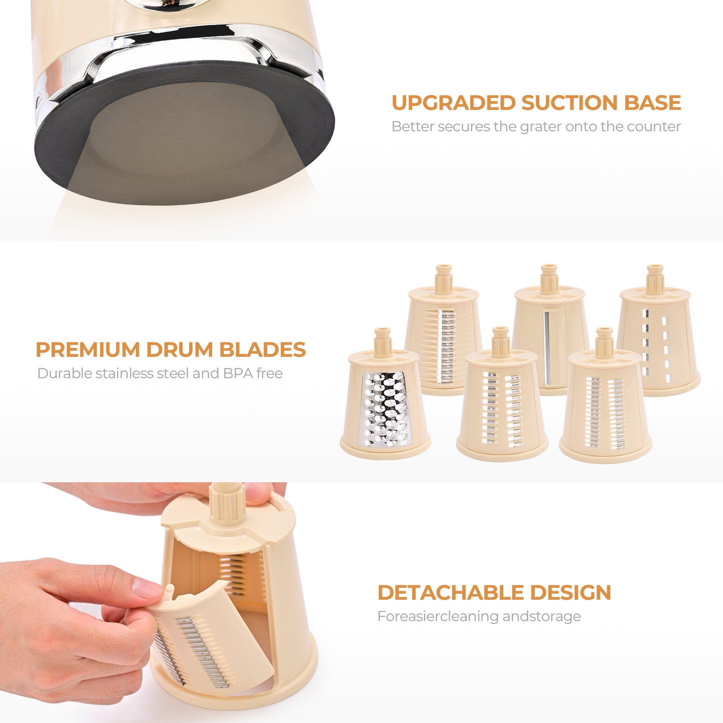 SUSTEAS Rotary Cheese Grater with 6 Replaceable Blades, 18/10 Stainless Steel, BPA Free, Dishwasher Safe, Easy to Clean & Disassemble, Beige
