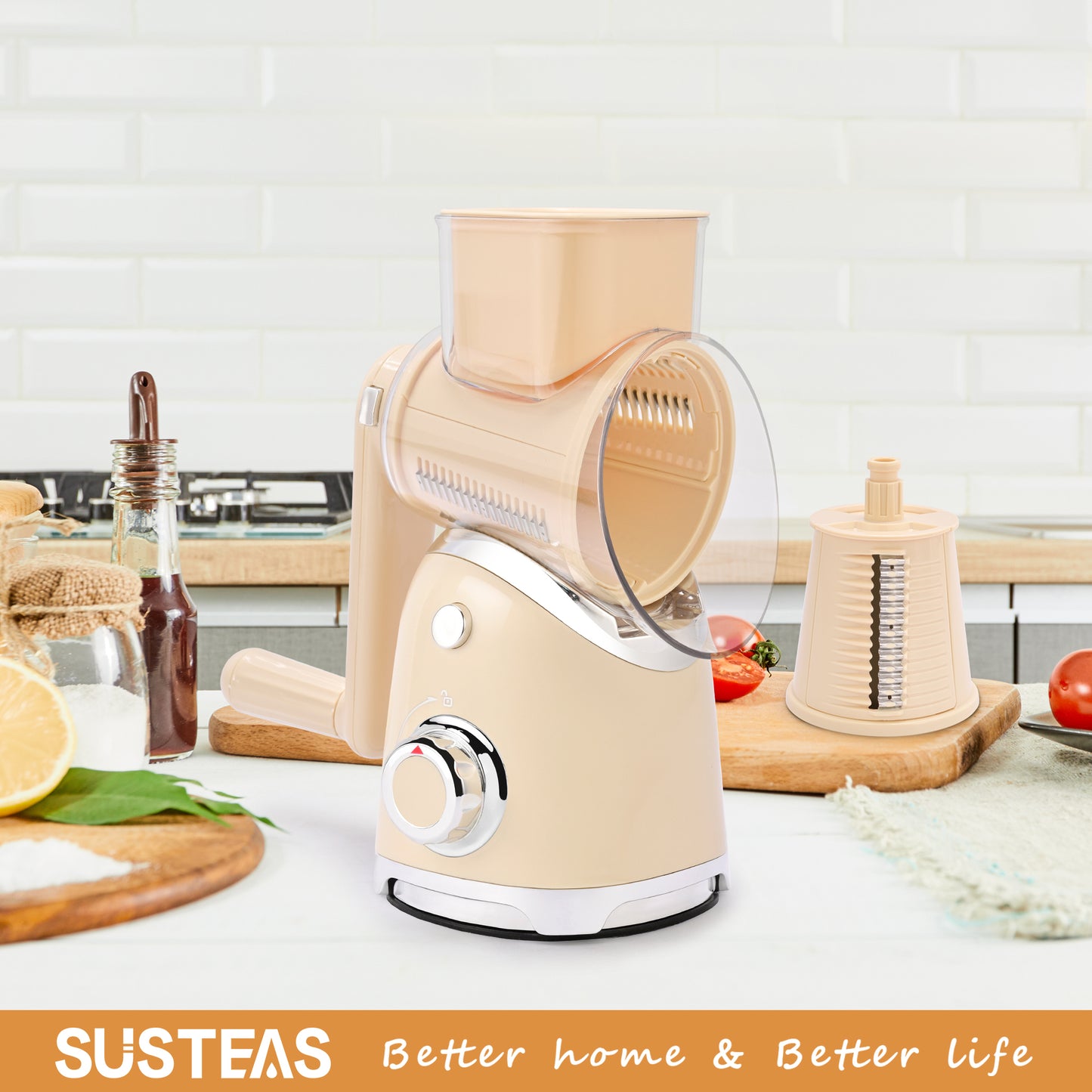 SUSTEAS Rotary Cheese Grater with 6 Replaceable Blades, 18/10 Stainless Steel, BPA Free, Dishwasher Safe, Easy to Clean & Disassemble, Beige