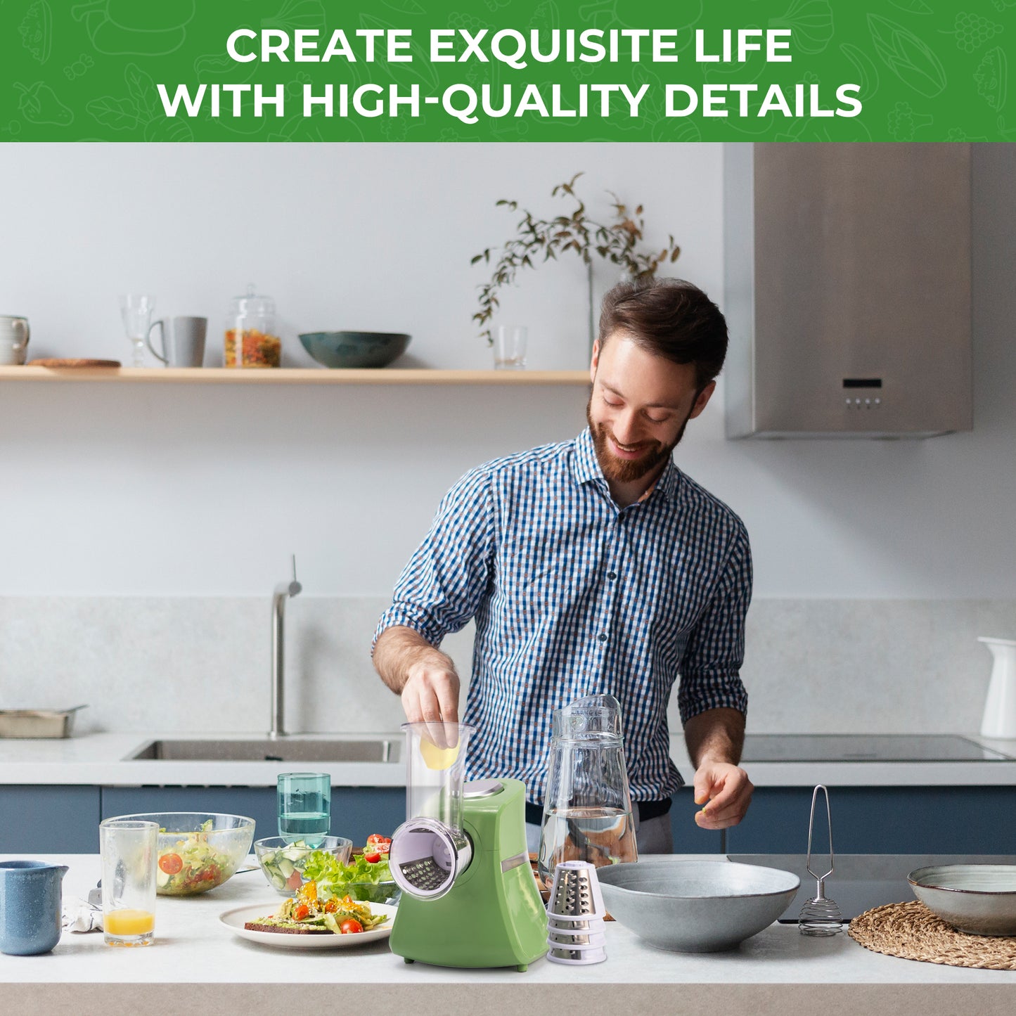 SUSTEAS Electric Cheese Grater Vegetable Slicer Chopper Fruit Chopper with 5 Attachments, Stainless Steel Vegetable Food Cutter and Cheese Kitchen Utensil