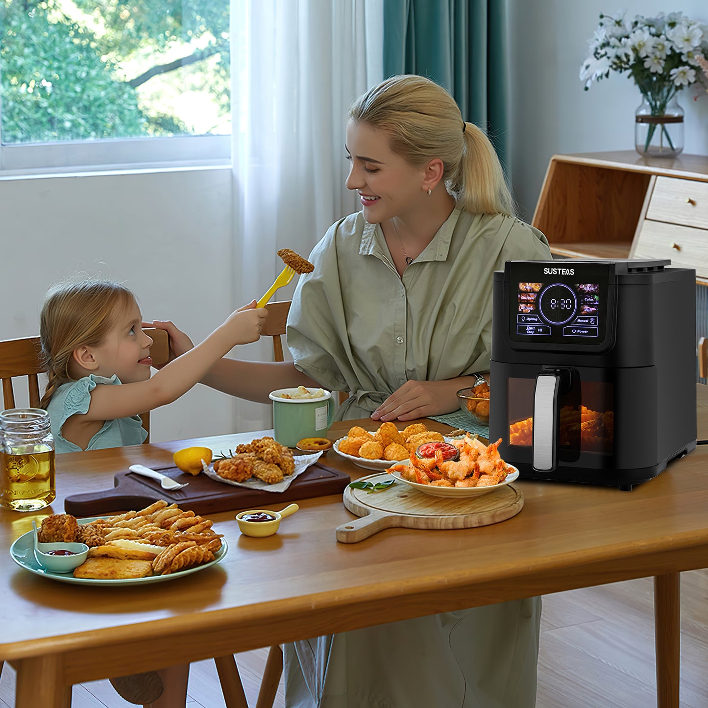 SUSTEAS Air Fryer 5L with Viewing Window, One-Touch Digital Control, 6 Persistent Modes, 1500W High Heat, Nonstick, Broil, Roast, Dehydrate, Bake, Auto-Shutoff