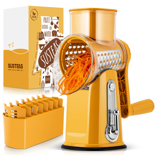 SUSTEAS Rotary Food Cheese Grater with Handle, 5 Blades and Strong Suction Cup Base, Comes with 1 Blade Storage Box Kitchen Utensils, Yellow