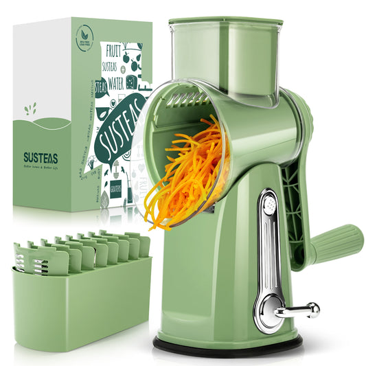 SUSTEAS Rotary Food Cheese Grater with Handle, 5 Blades and Strong Suction Cup Base, Comes with 1 Blade Storage Box Kitchen Utensils, Green
