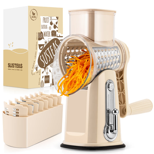 SUSTEAS Rotary Food Cheese Grater with Handle, 5 Blades and Strong Suction Cup Base, Comes with 1 Blade Storage Box Kitchen Utensils, Beige