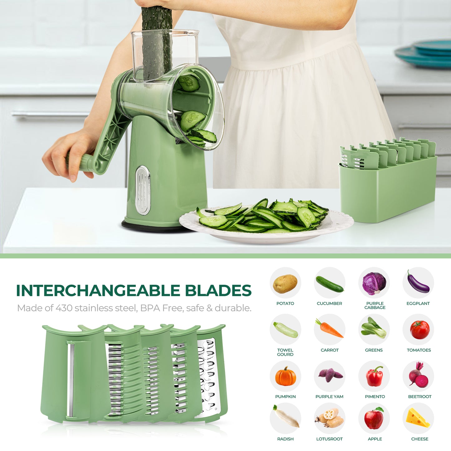 SUSTEAS Rotary Food Cheese Grater with Handle, 5 Blades and Strong Suction Cup Base, Comes with 1 Blade Storage Box Kitchen Utensils, Green
