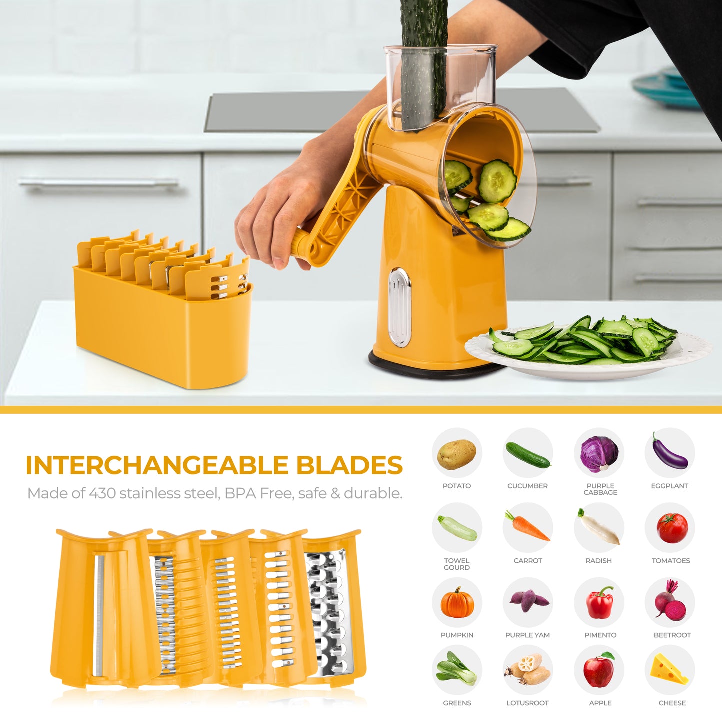 SUSTEAS Rotary Food Cheese Grater with Handle, 5 Blades and Strong Suction Cup Base, Comes with 1 Blade Storage Box Kitchen Utensils, Yellow