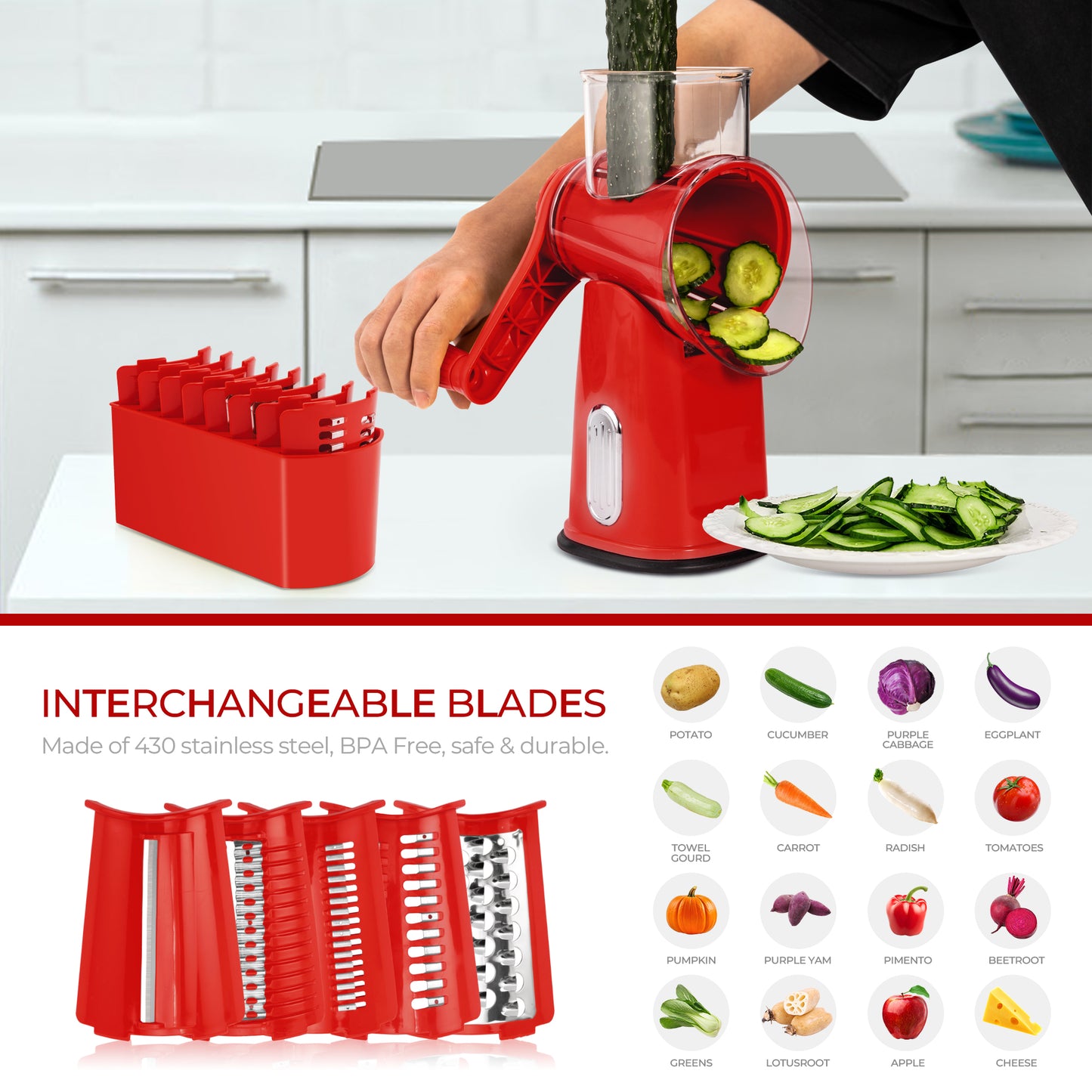 SUSTEAS Rotary Food Cheese Grater with Handle, 5 Blades and Strong Suction Cup Base, Comes with 1 Blade Storage Box Kitchen Utensils, Red