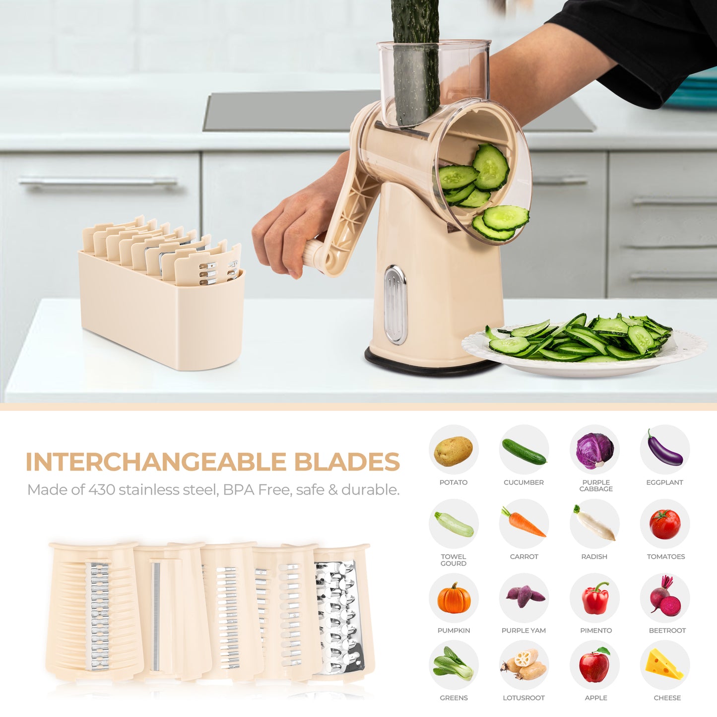 SUSTEAS Rotary Food Cheese Grater with Handle, 5 Blades and Strong Suction Cup Base, Comes with 1 Blade Storage Box Kitchen Utensils, Beige