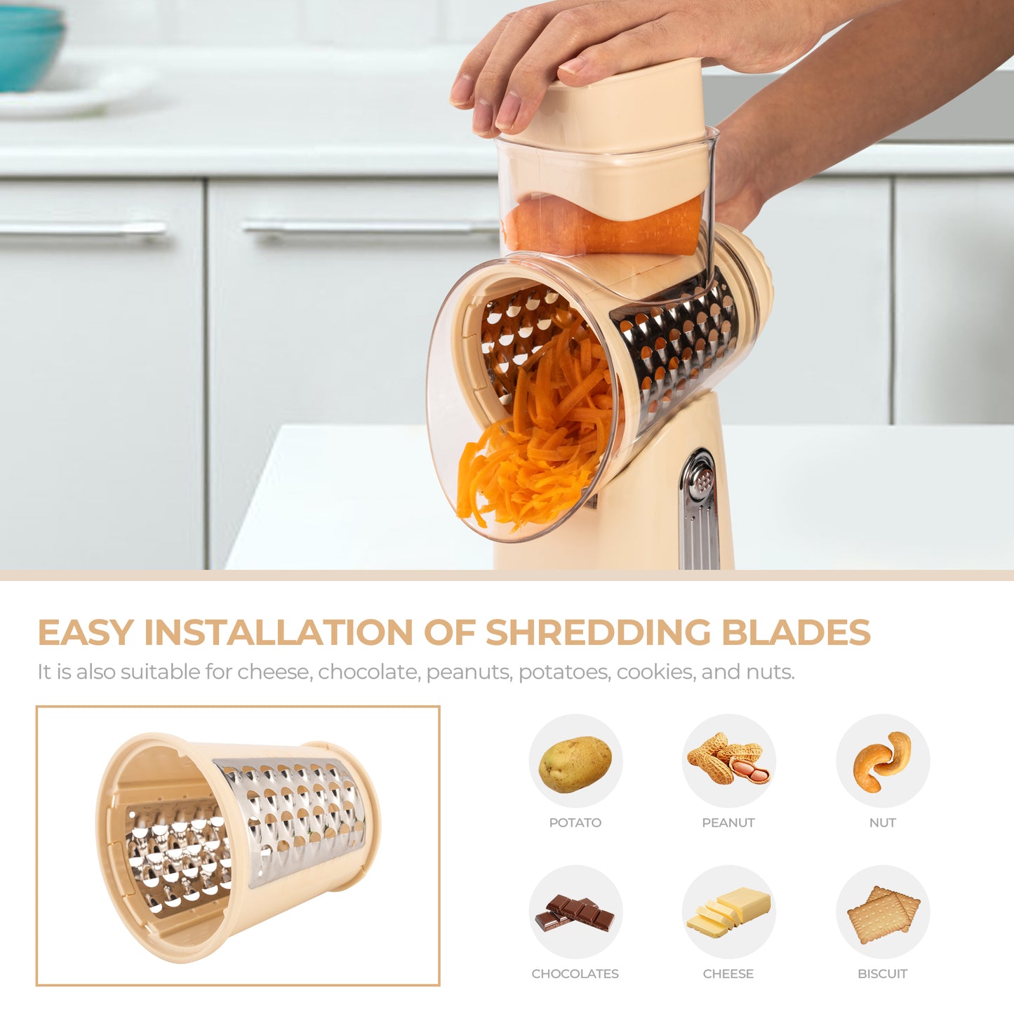SUSTEAS Rotary Food Cheese Grater with Handle, 5 Blades and Strong Suction Cup Base, Comes with 1 Blade Storage Box Kitchen Utensils, Beige