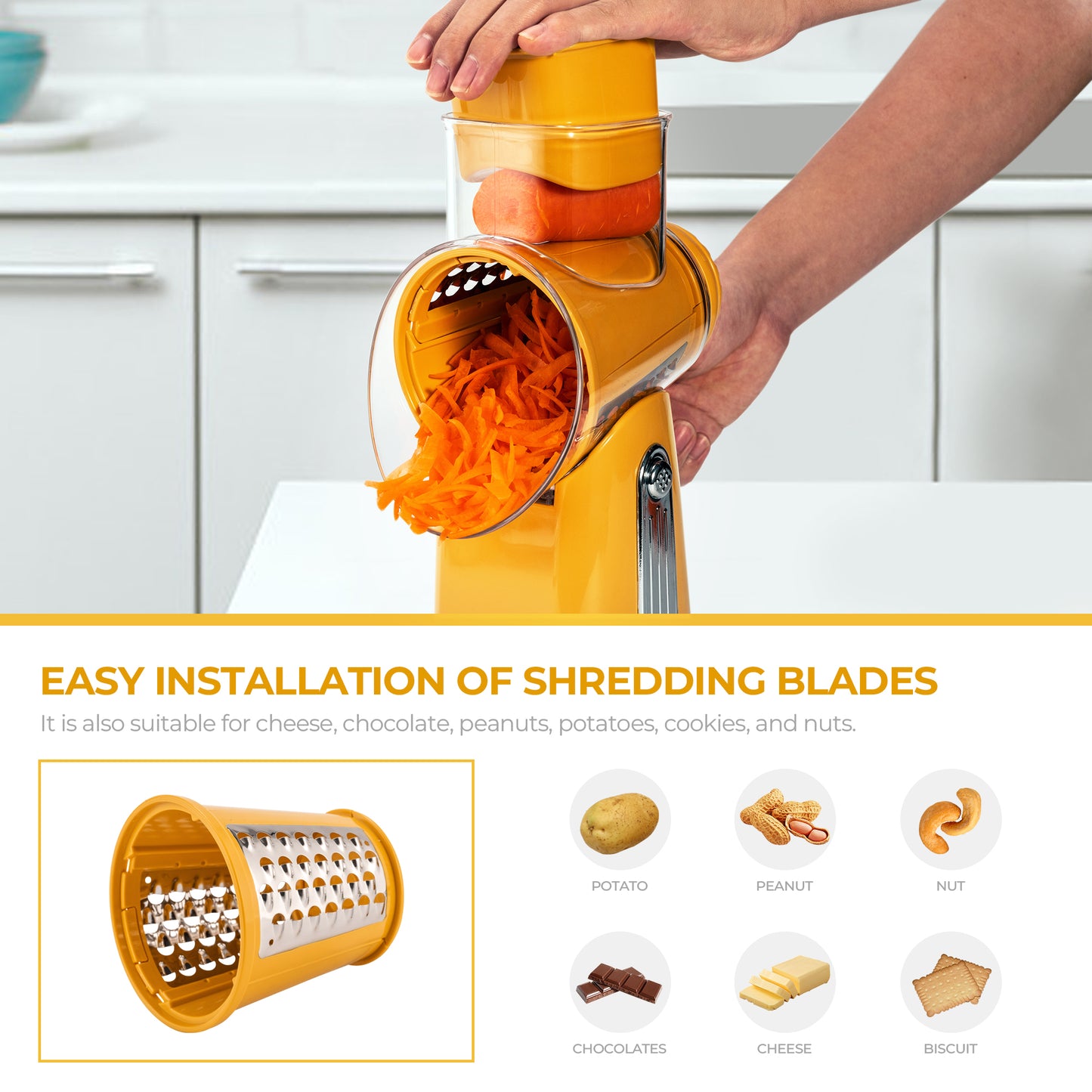 SUSTEAS Rotary Food Cheese Grater with Handle, 5 Blades and Strong Suction Cup Base, Comes with 1 Blade Storage Box Kitchen Utensils, Yellow