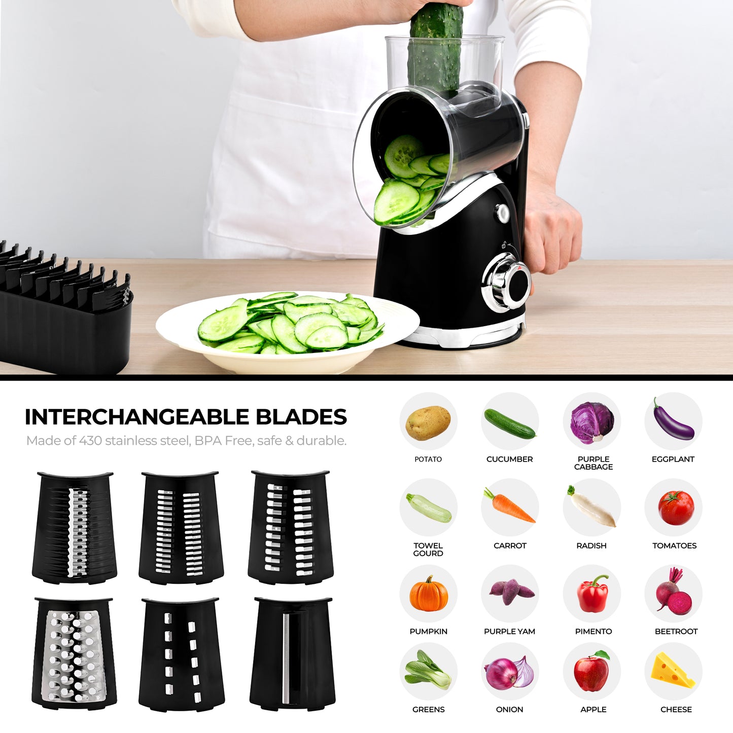 SUSTEAS Rotary Cheese Grater with 6 Replaceable Blades, 18/10 Stainless Steel, BPA Free, Dishwasher Safe, Easy to Clean & Disassemble, Black