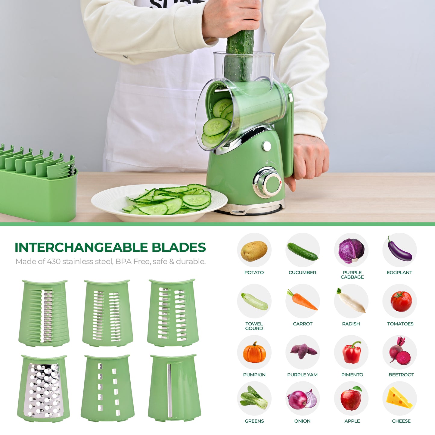 SUSTEAS Rotary Cheese Grater with 6 Replaceable Blades, 18/10 Stainless Steel, BPA Free, Dishwasher Safe, Easy to Clean & Disassemble, Green