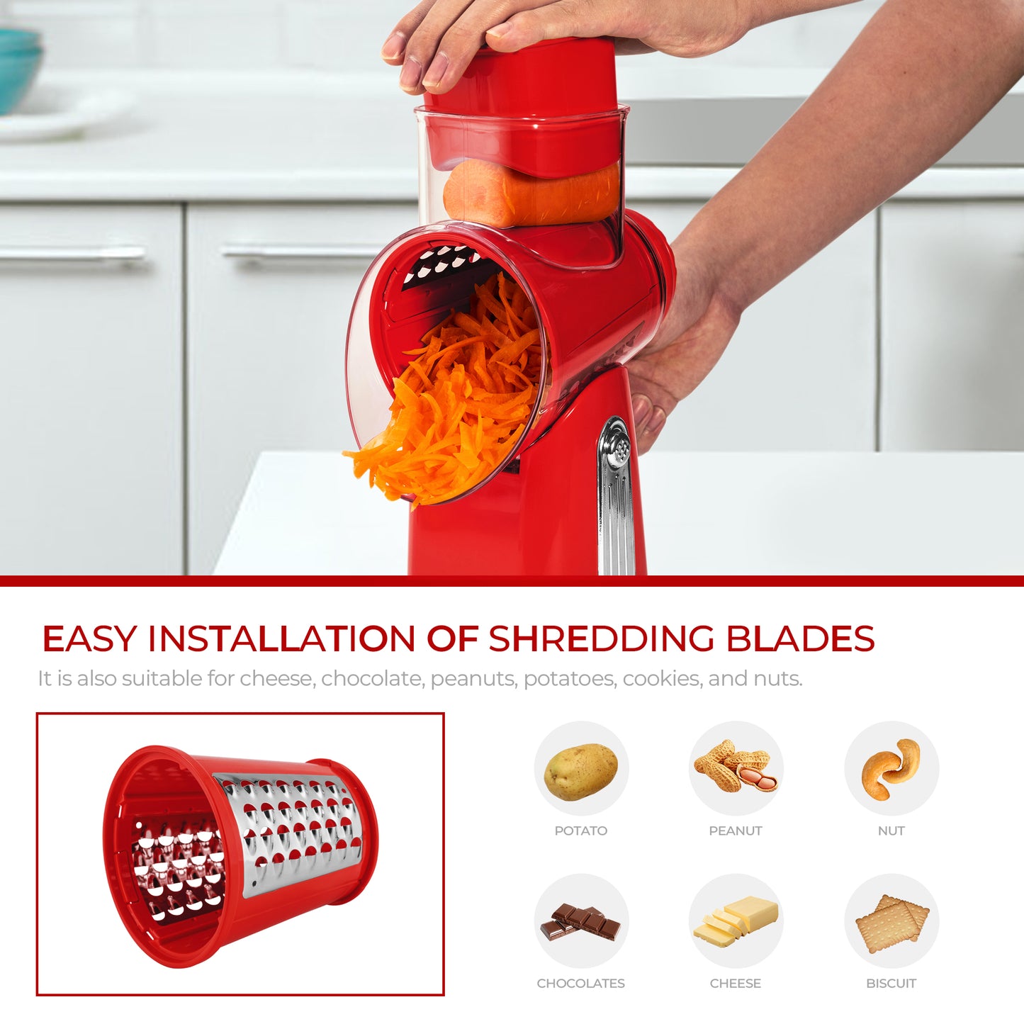 SUSTEAS Rotary Food Cheese Grater with Handle, 5 Blades and Strong Suction Cup Base, Comes with 1 Blade Storage Box Kitchen Utensils, Red