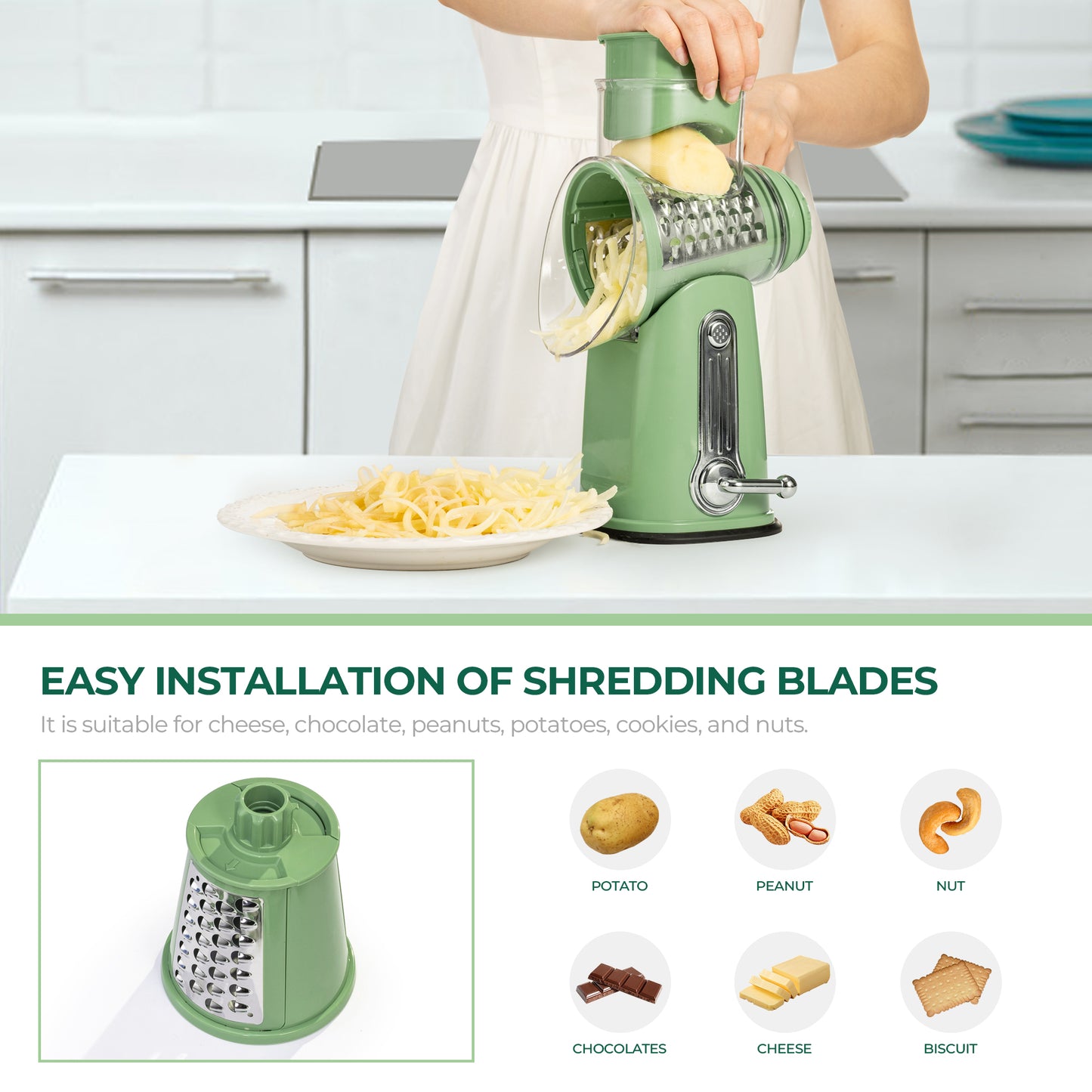 SUSTEAS Rotary Food Cheese Grater with Handle, 5 Blades and Strong Suction Cup Base, Comes with 1 Blade Storage Box Kitchen Utensils, Green