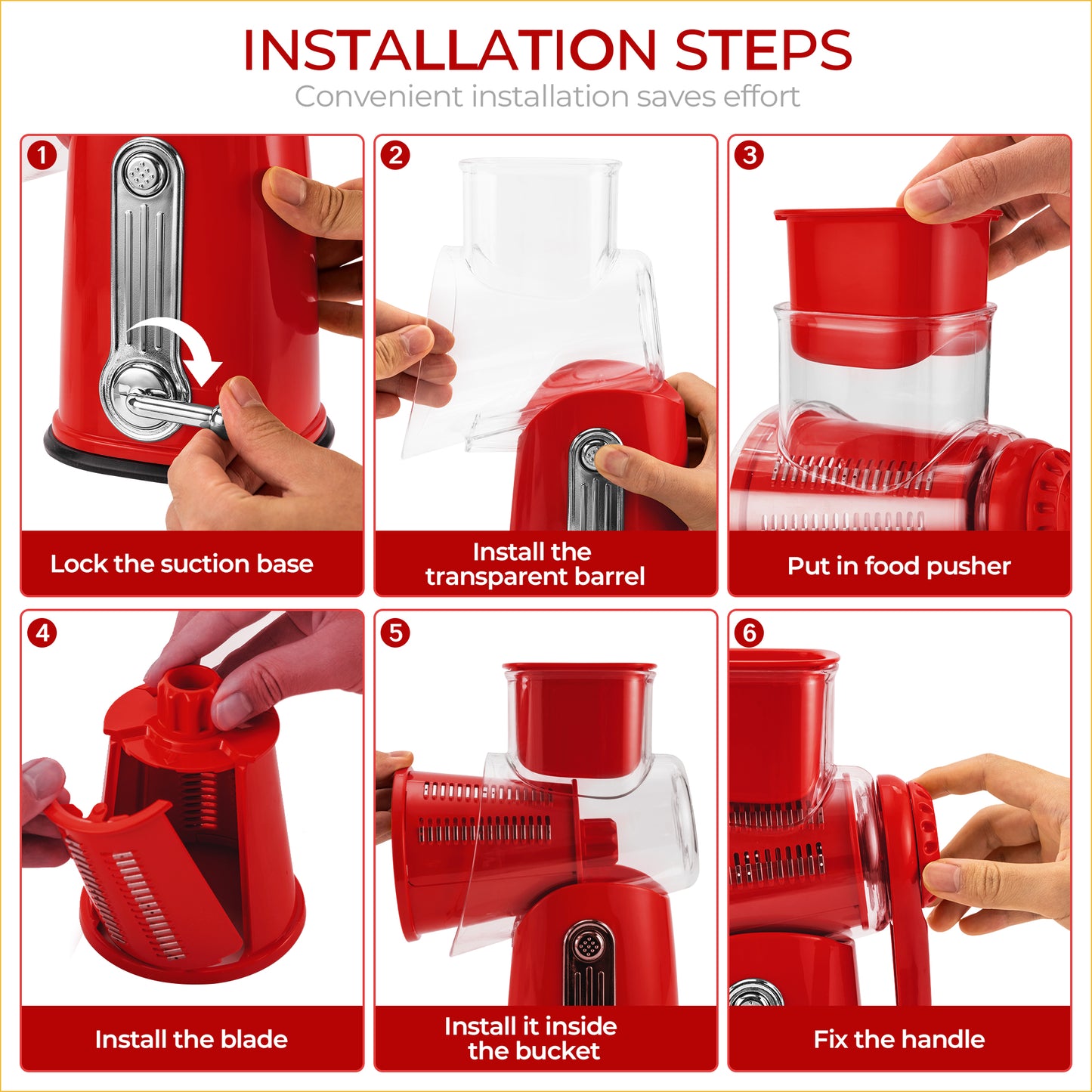 SUSTEAS Rotary Food Cheese Grater with Handle, 5 Blades and Strong Suction Cup Base, Comes with 1 Blade Storage Box Kitchen Utensils, Red