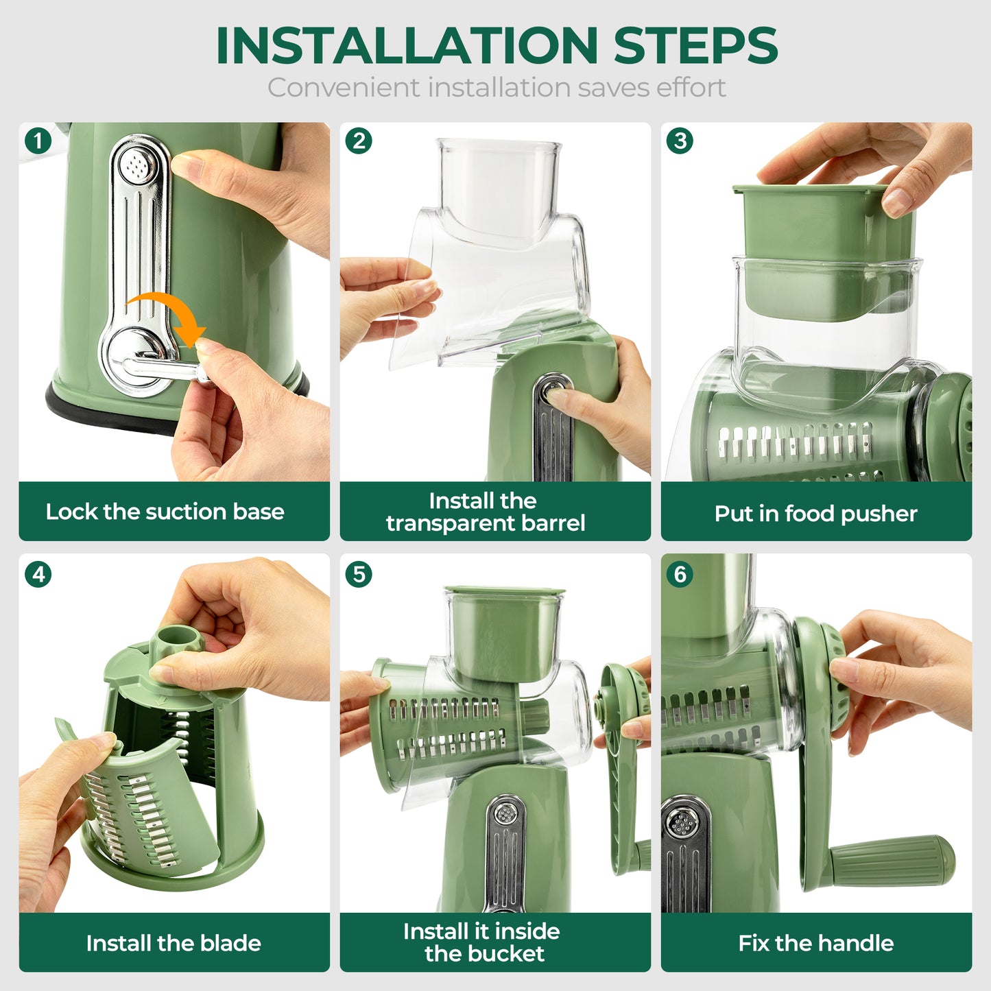 SUSTEAS Rotary Food Cheese Grater with Handle, 5 Blades and Strong Suction Cup Base, Comes with 1 Blade Storage Box Kitchen Utensils, Green