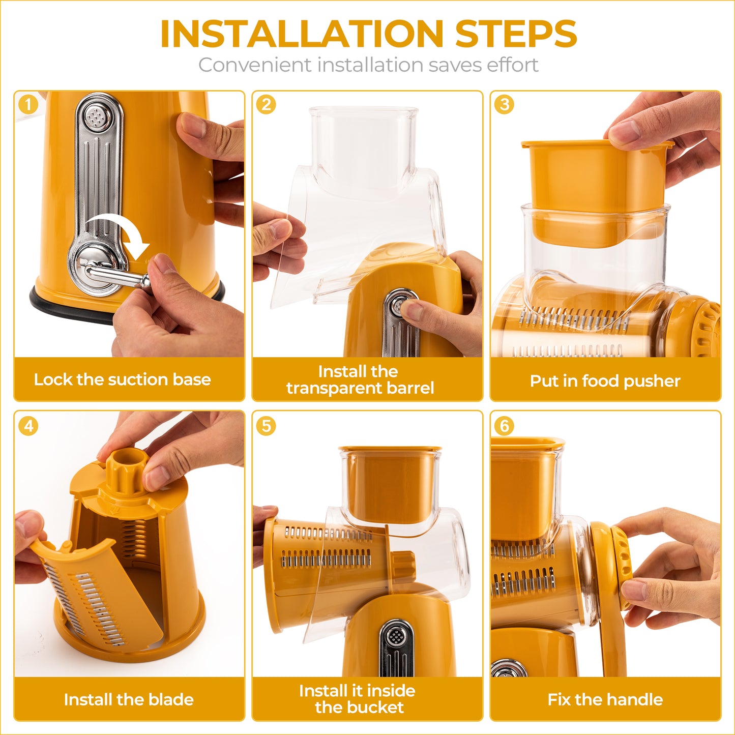 SUSTEAS Rotary Food Cheese Grater with Handle, 5 Blades and Strong Suction Cup Base, Comes with 1 Blade Storage Box Kitchen Utensils, Yellow