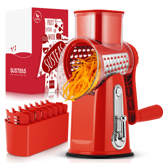 SUSTEAS Rotary Food Cheese Grater with Handle, 5 Blades and Strong Suction Cup Base, Comes with 1 Blade Storage Box Kitchen Utensils, Red