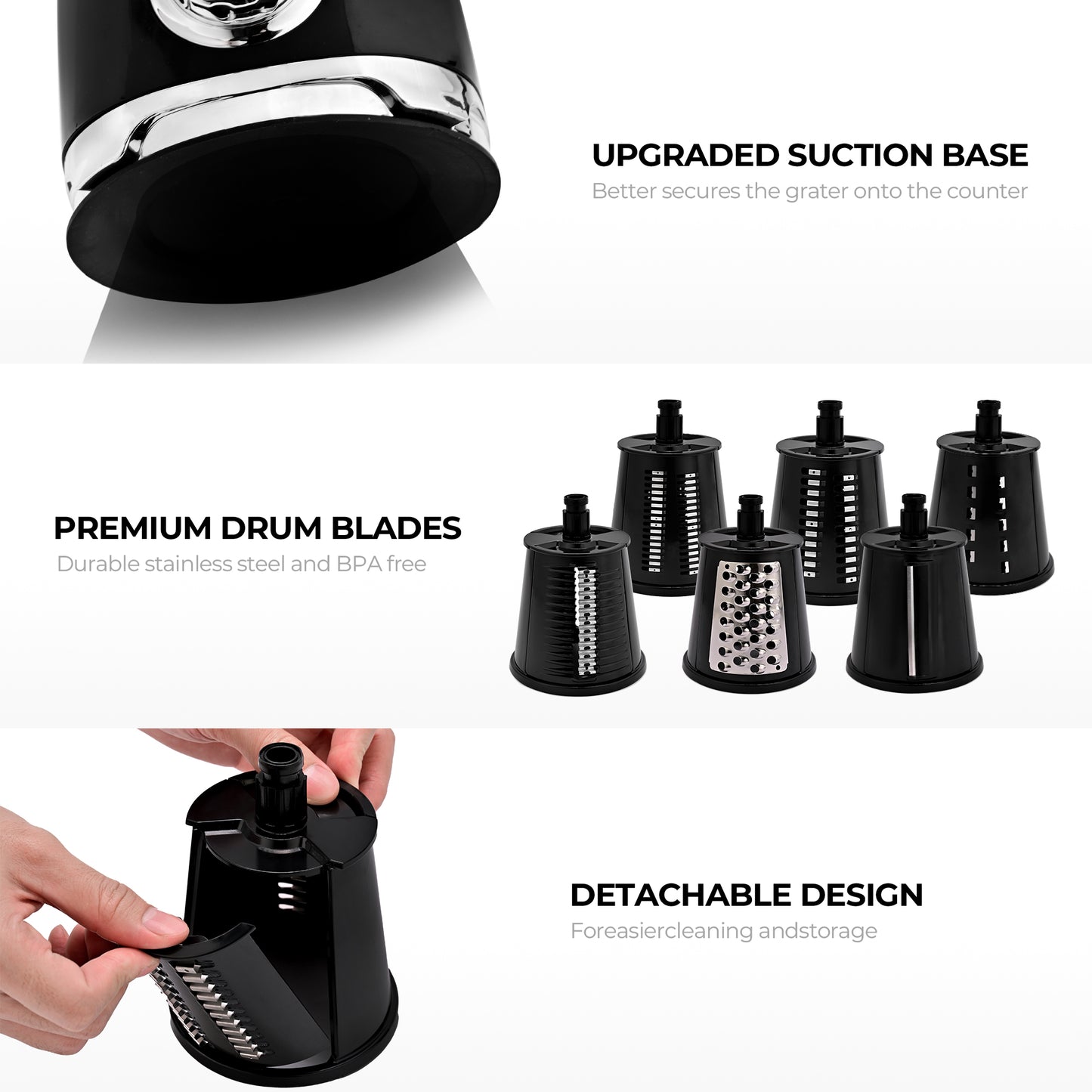 SUSTEAS Rotary Cheese Grater with 6 Replaceable Blades, 18/10 Stainless Steel, BPA Free, Dishwasher Safe, Easy to Clean & Disassemble, Black