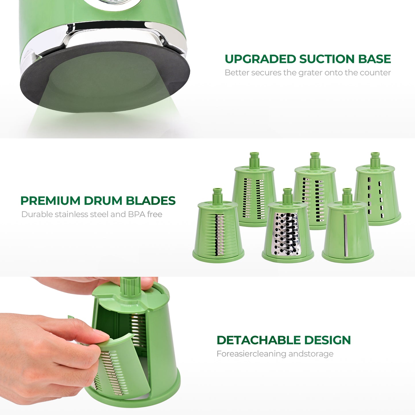 SUSTEAS Rotary Cheese Grater with 6 Replaceable Blades, 18/10 Stainless Steel, BPA Free, Dishwasher Safe, Easy to Clean & Disassemble, Green