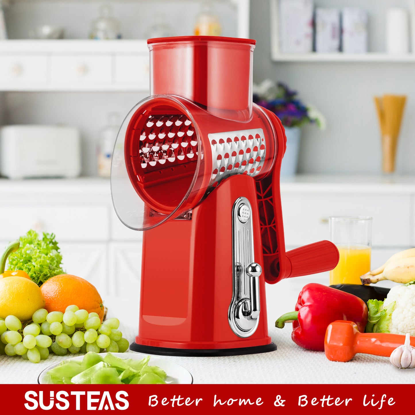 SUSTEAS Rotary Food Cheese Grater with Handle, 5 Blades and Strong Suction Cup Base, Comes with 1 Blade Storage Box Kitchen Utensils, Red