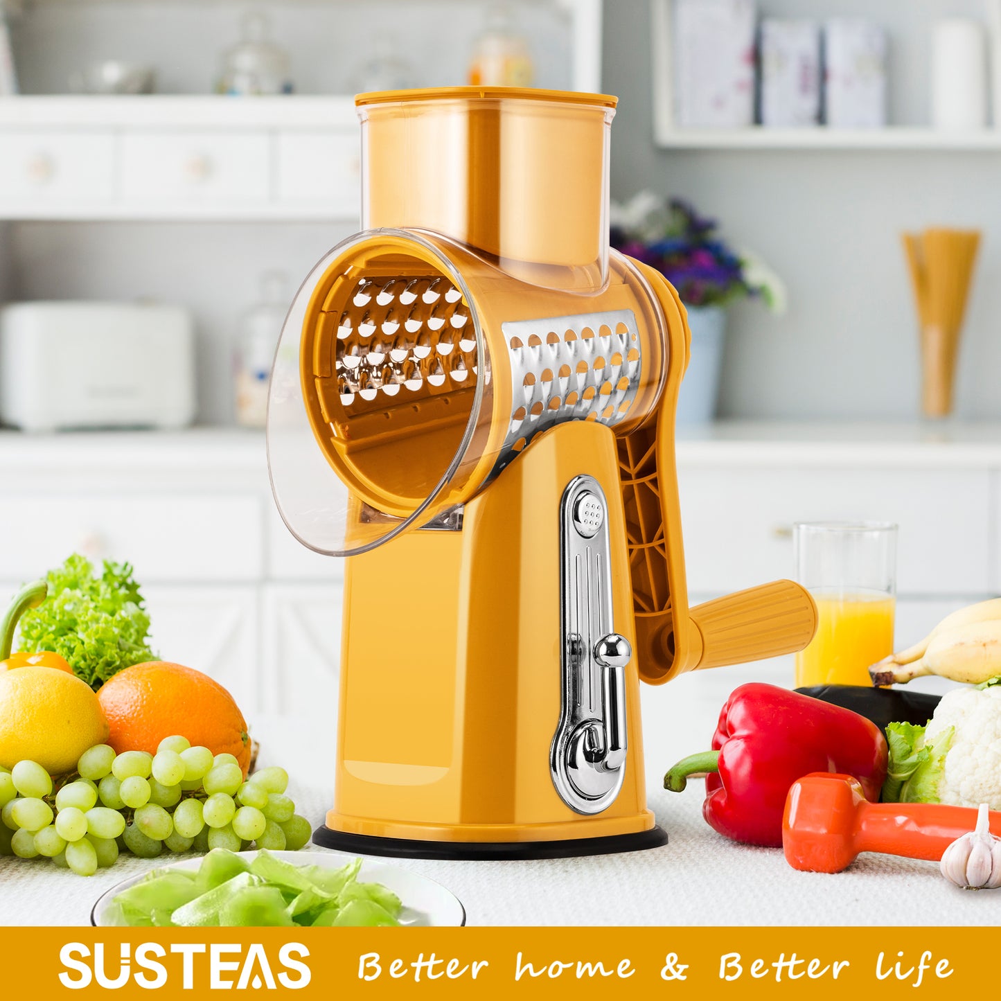 SUSTEAS Rotary Food Cheese Grater with Handle, 5 Blades and Strong Suction Cup Base, Comes with 1 Blade Storage Box Kitchen Utensils, Yellow