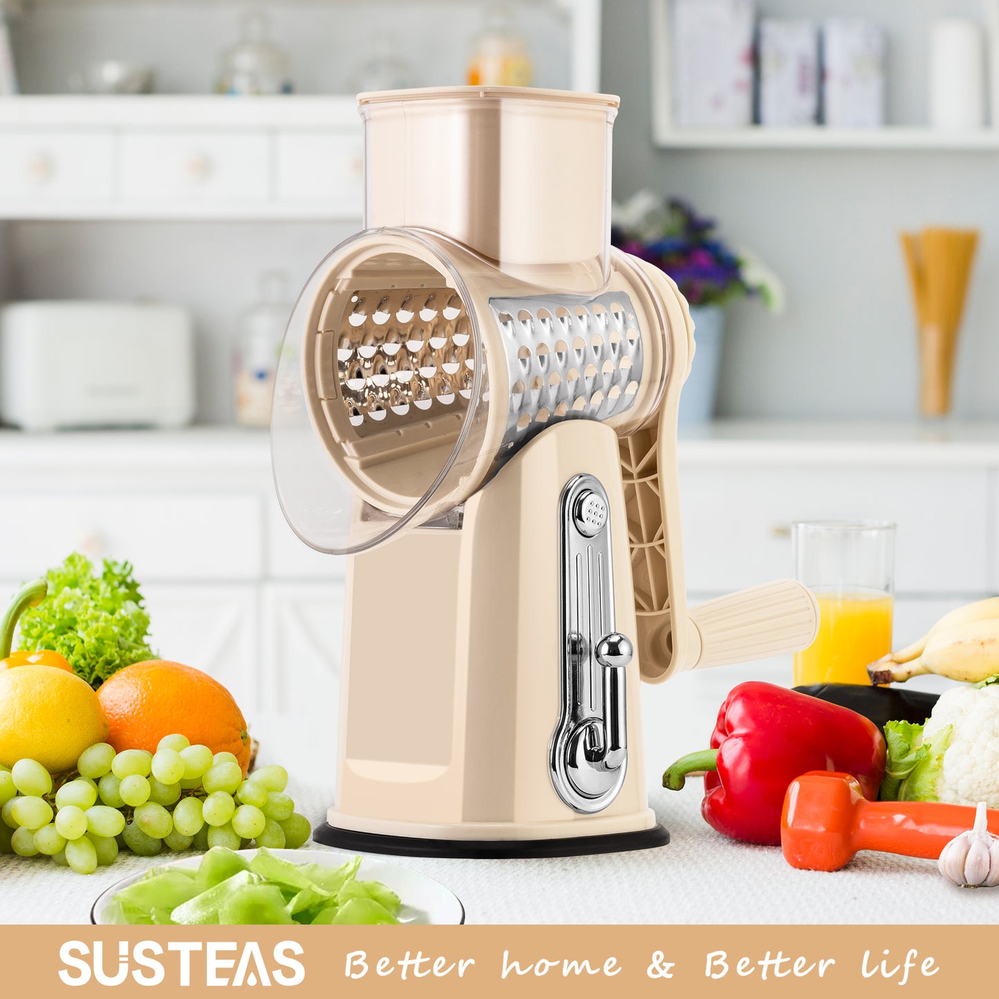 SUSTEAS Rotary Food Cheese Grater with Handle, 5 Blades and Strong Suction Cup Base, Comes with 1 Blade Storage Box Kitchen Utensils, Beige