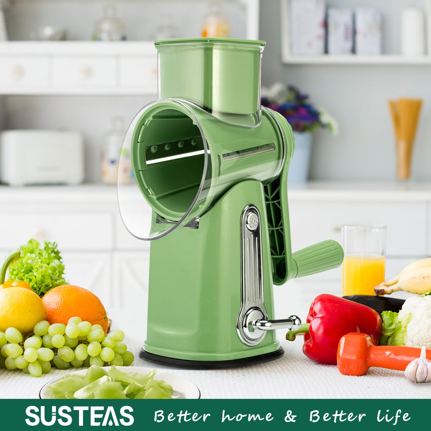 SUSTEAS Rotary Food Cheese Grater with Handle, 5 Blades and Strong Suction Cup Base, Comes with 1 Blade Storage Box Kitchen Utensils, Green