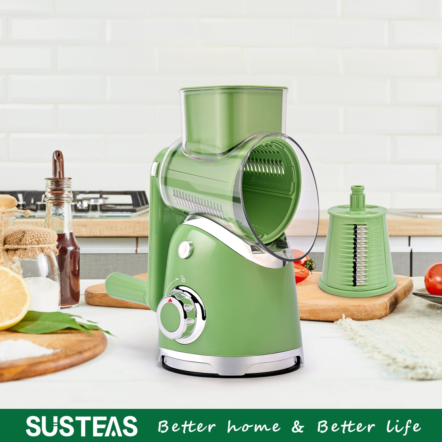 SUSTEAS Rotary Cheese Grater with 6 Replaceable Blades, 18/10 Stainless Steel, BPA Free, Dishwasher Safe, Easy to Clean & Disassemble, Green