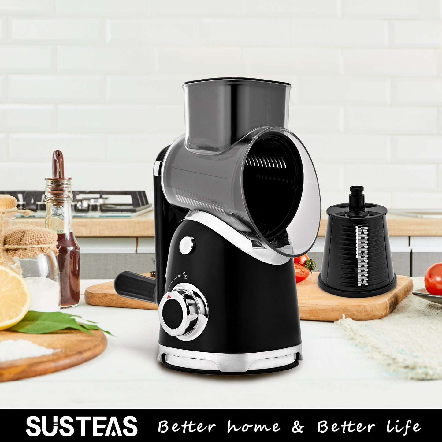 SUSTEAS Rotary Cheese Grater with 6 Replaceable Blades, 18/10 Stainless Steel, BPA Free, Dishwasher Safe, Easy to Clean & Disassemble, Black