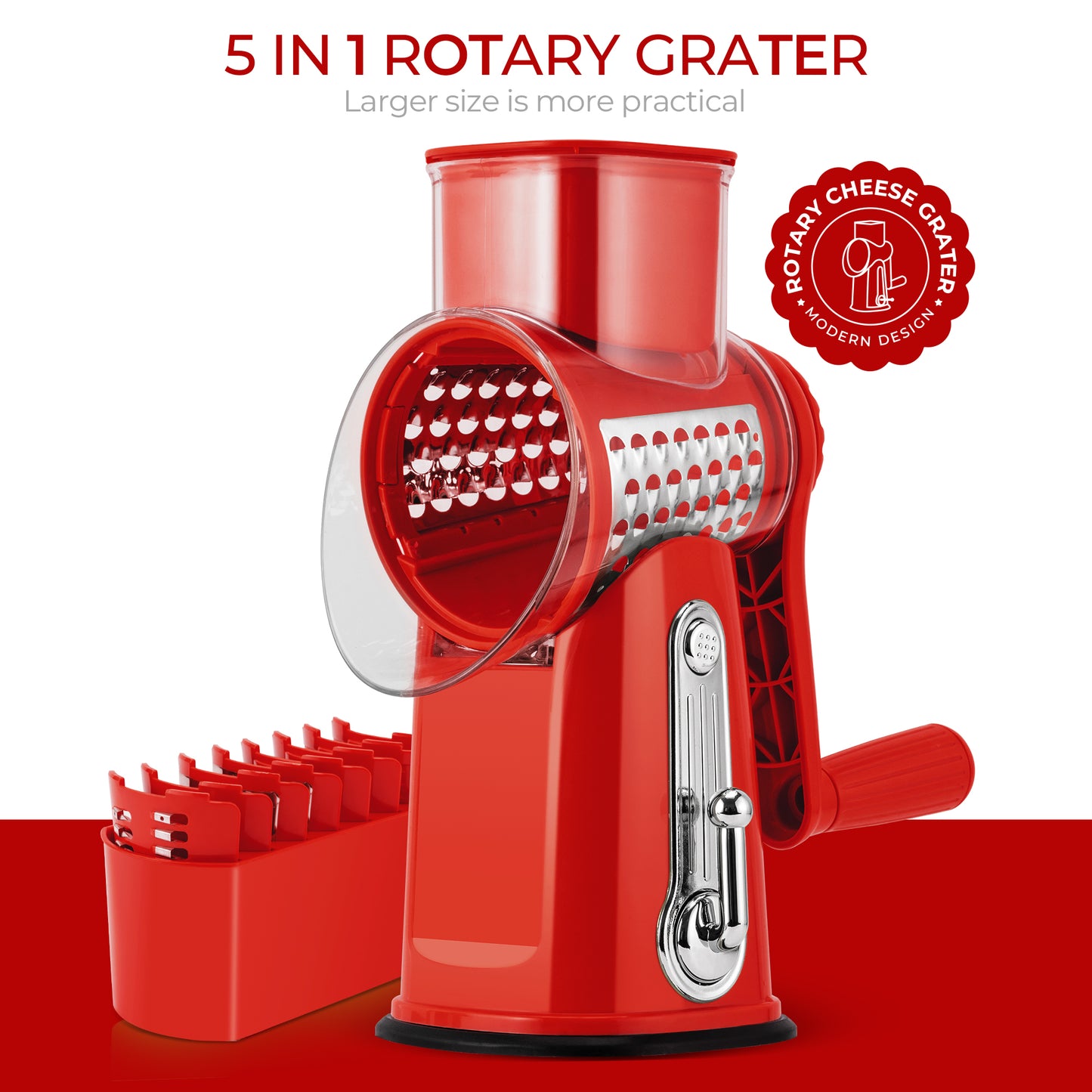 SUSTEAS Rotary Food Cheese Grater with Handle, 5 Blades and Strong Suction Cup Base, Comes with 1 Blade Storage Box Kitchen Utensils, Red