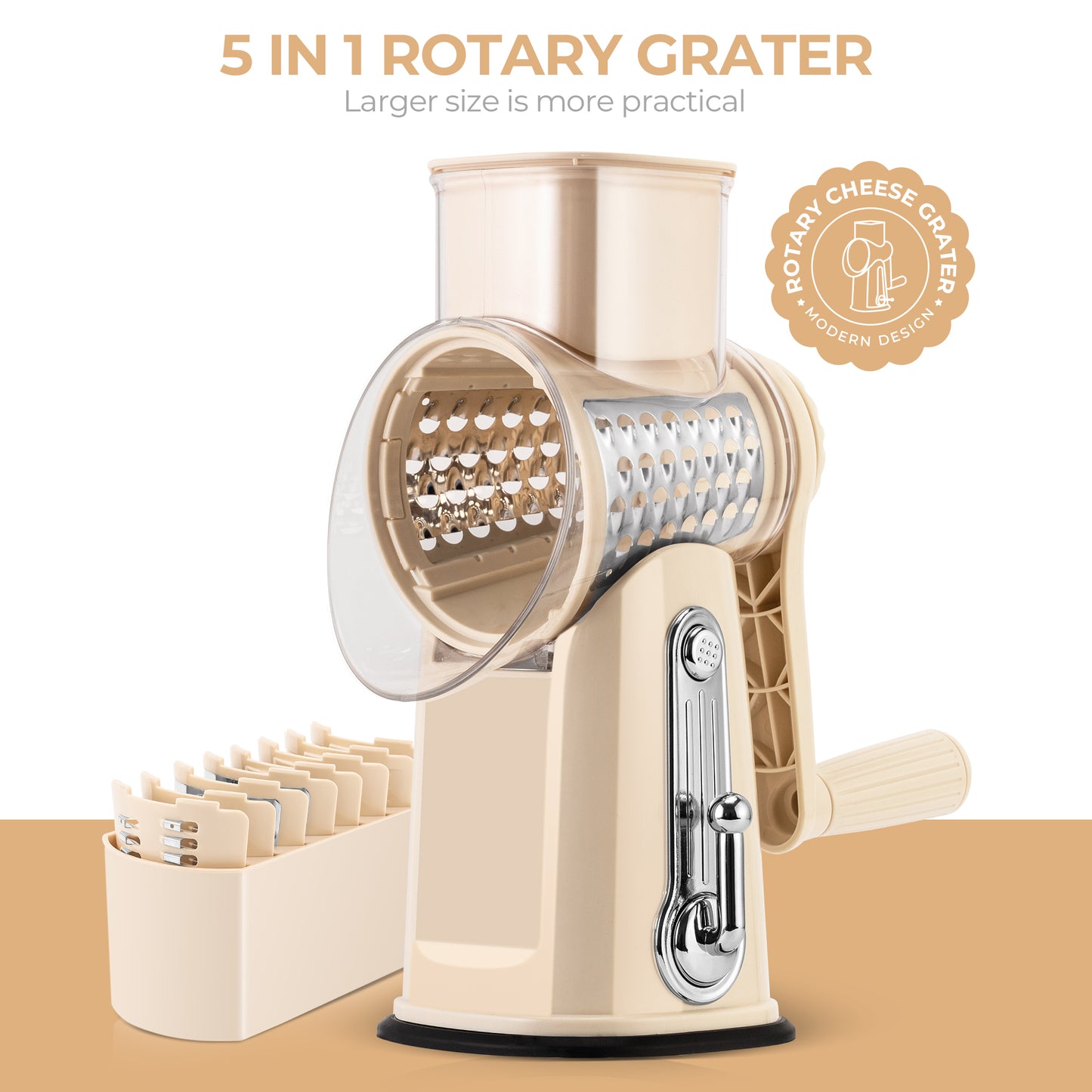 SUSTEAS Rotary Food Cheese Grater with Handle, 5 Blades and Strong Suction Cup Base, Comes with 1 Blade Storage Box Kitchen Utensils, Beige