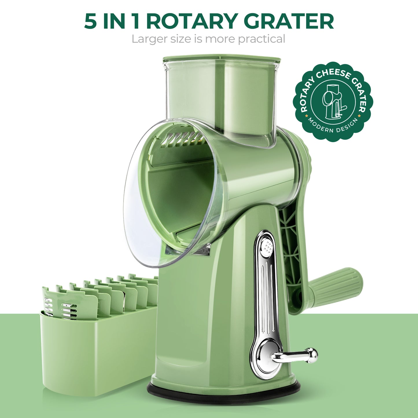 SUSTEAS Rotary Food Cheese Grater with Handle, 5 Blades and Strong Suction Cup Base, Comes with 1 Blade Storage Box Kitchen Utensils, Green
