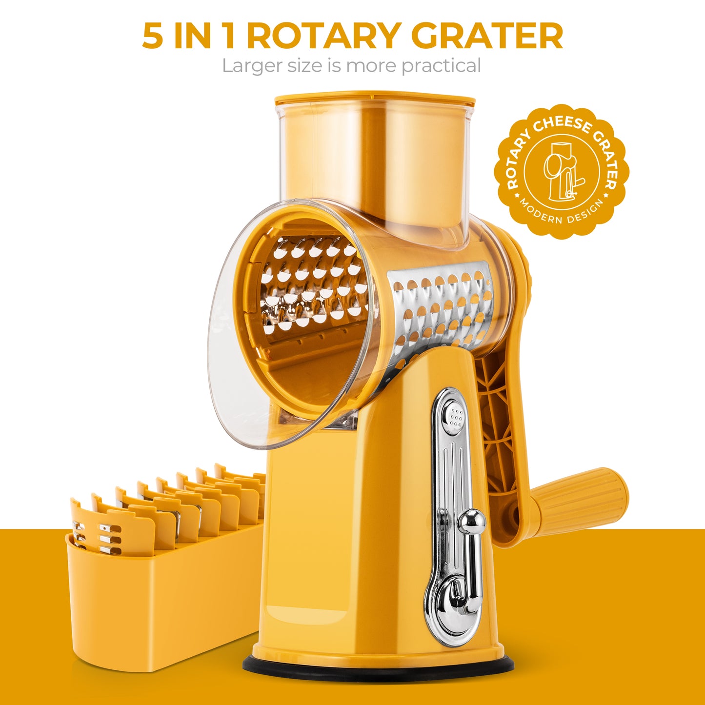 SUSTEAS Rotary Food Cheese Grater with Handle, 5 Blades and Strong Suction Cup Base, Comes with 1 Blade Storage Box Kitchen Utensils, Yellow